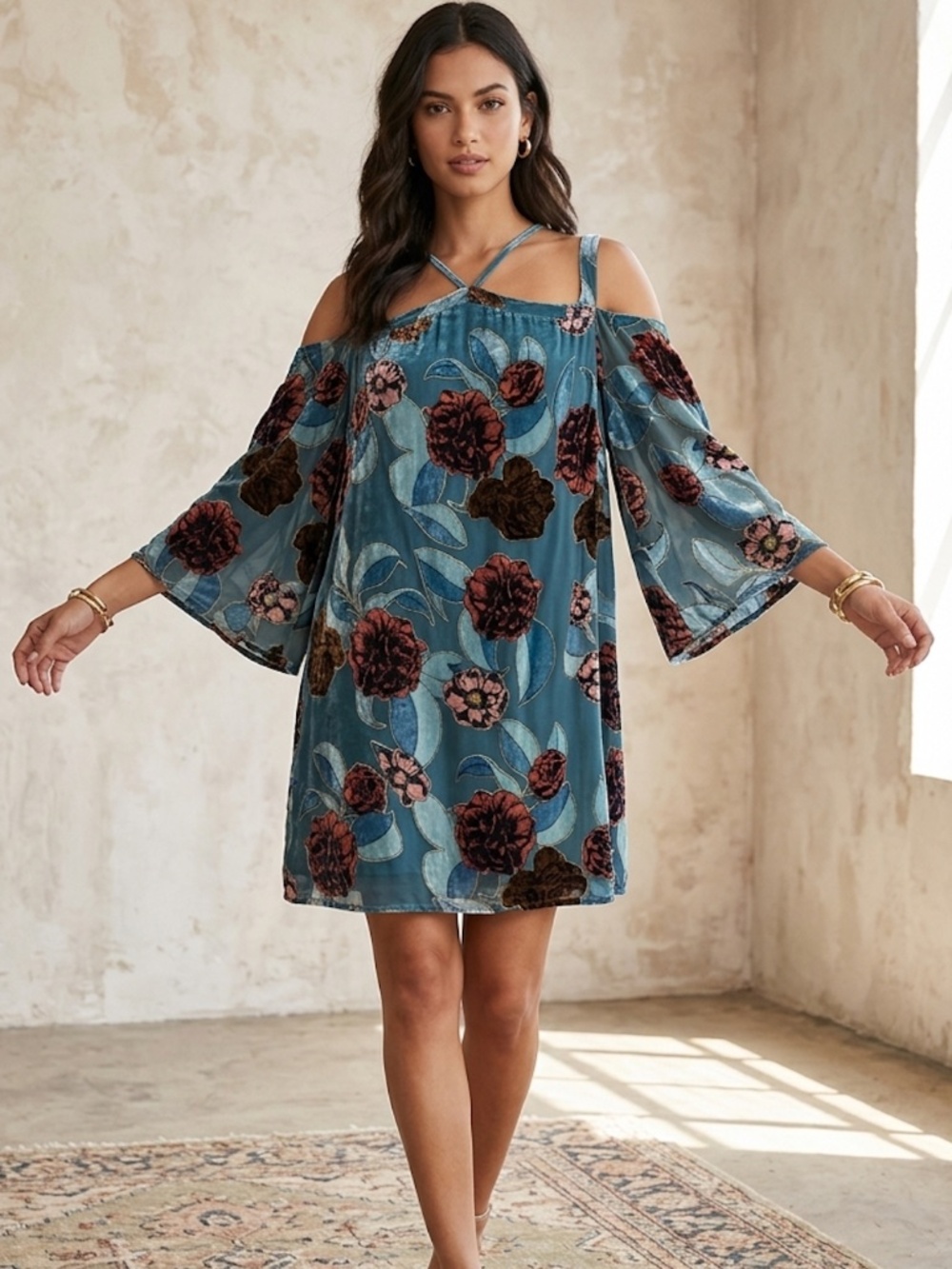En Crème Velvet Burnout Floral Cold Shoulder Tunic Top Teal Boho
